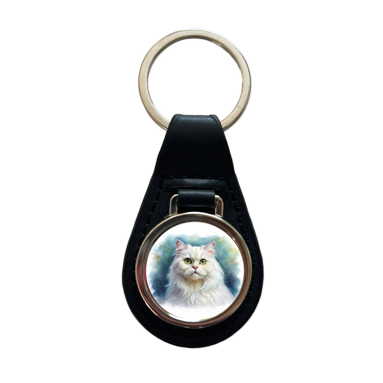 Classic Persian White Cat Watercolor Style Black Leather Metal Keychain