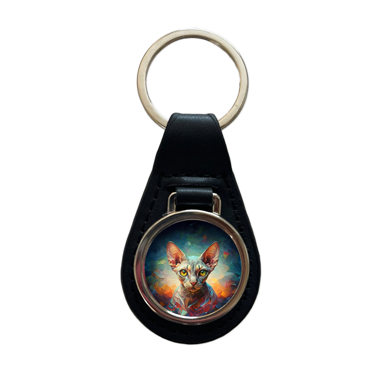 Devon Rex Cat Abstract Art Black Leather Metal Keychain