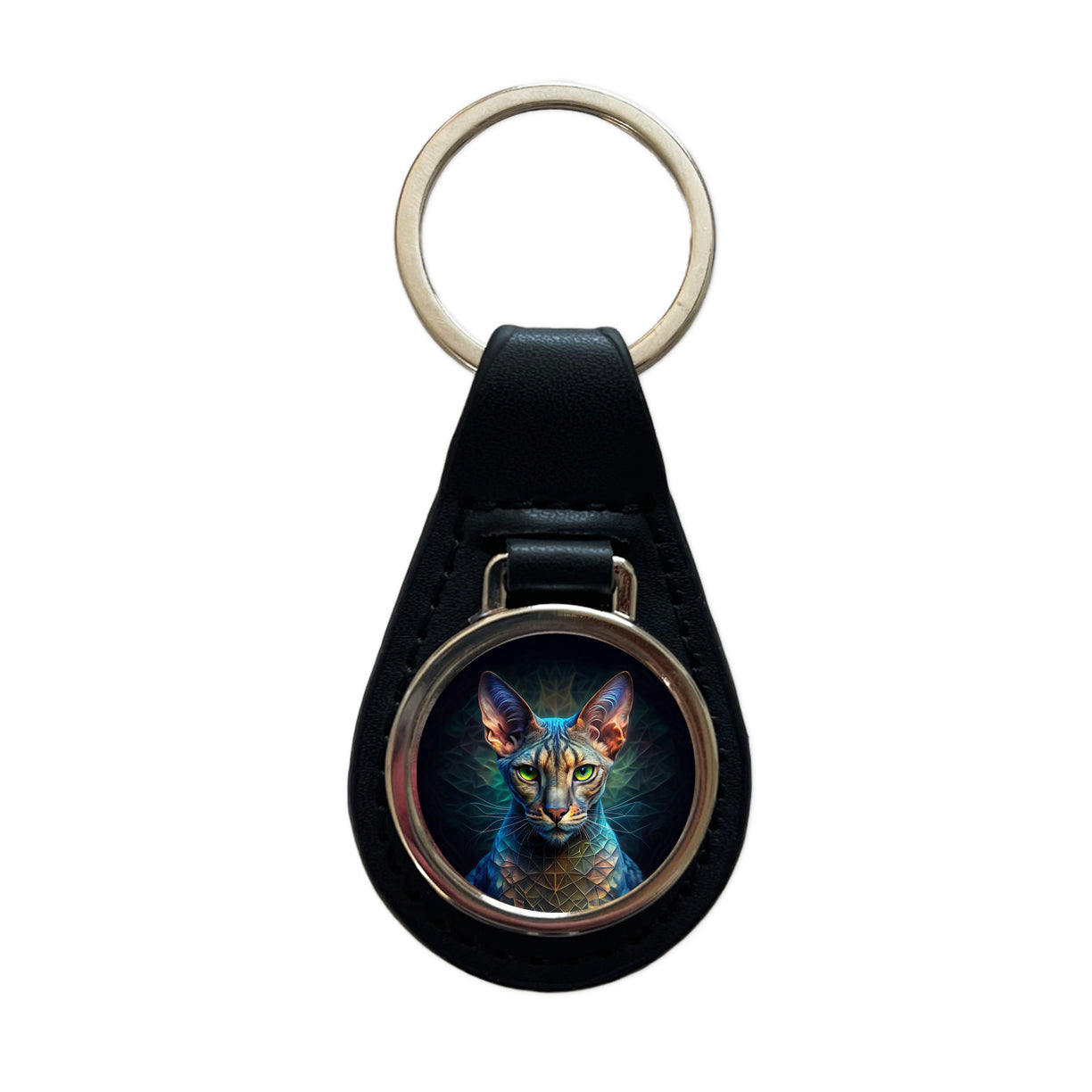 Egyptian Mau Cat Abstract Art Black Leather Metal Keychain