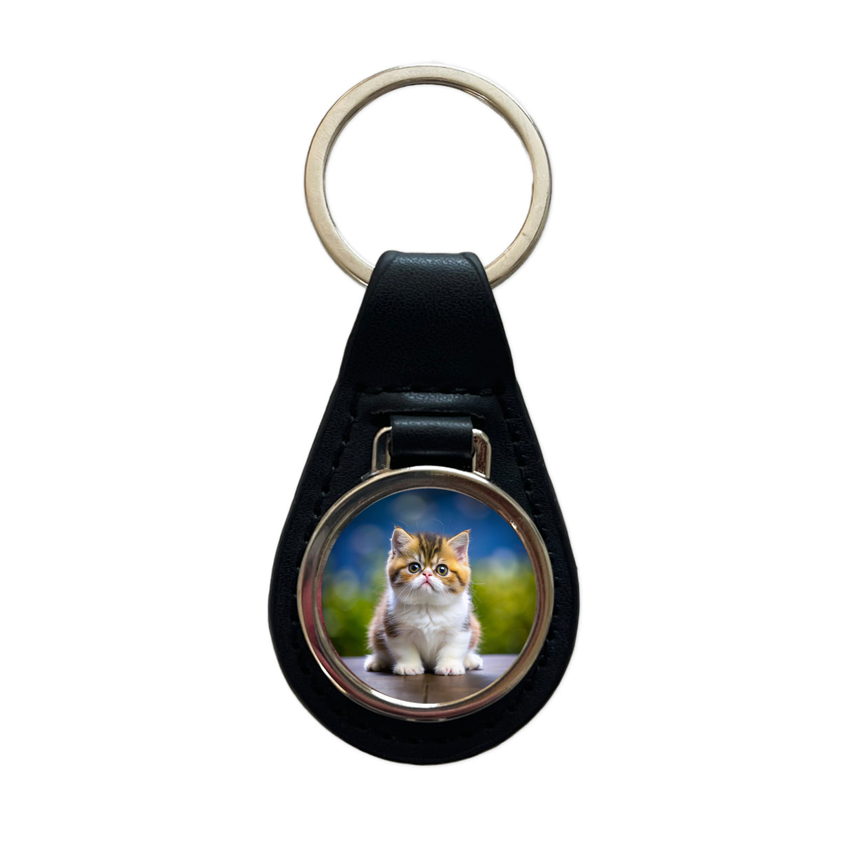 Exotic Shorthair Cat Kitten Photo Black Leather Metal Keychain