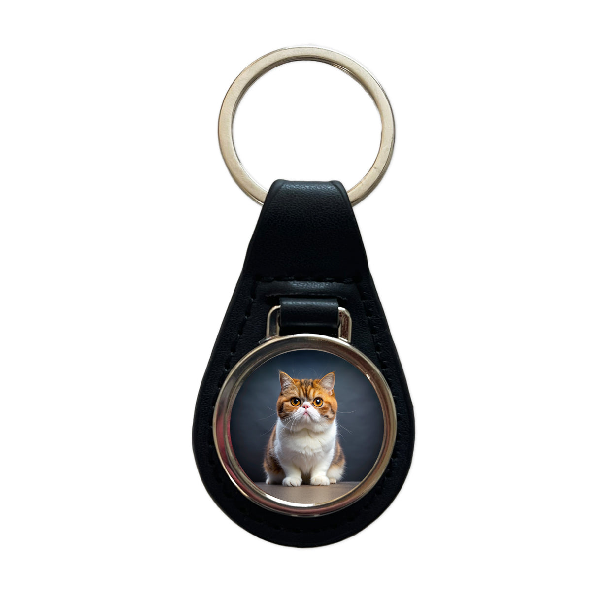 Exotic Shorthair Cat Photo Black Leather Metal Keychain
