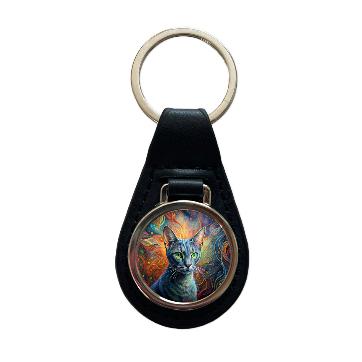 Korat Cat Abstract Art Black Leather Metal Keychain