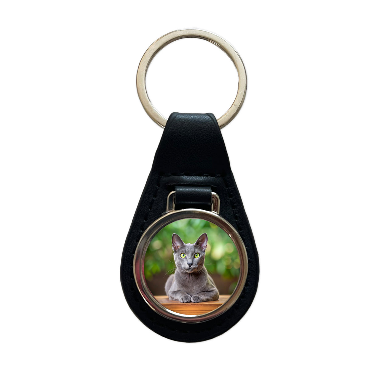 Korat Cat Photo Black Leather Metal Keychain