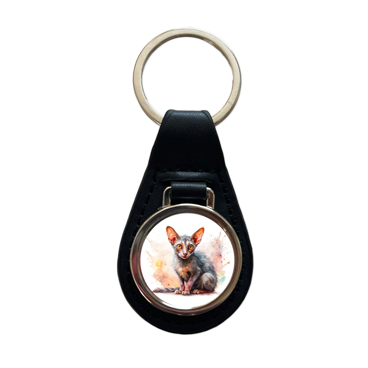 Lykoi Wolf Cat Watercolor Style Black Leather Metal Keychain