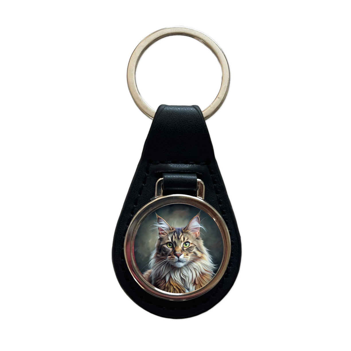 Maine Coon Cat Illustration Black Leather Metal Keychain