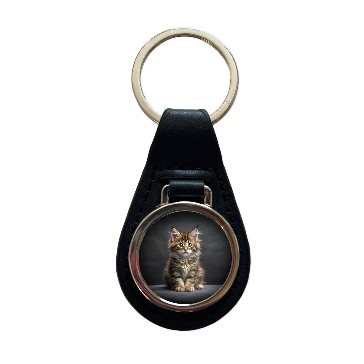 Maine Coon Cat Kitten Photo Black Leather Metal Keychain
