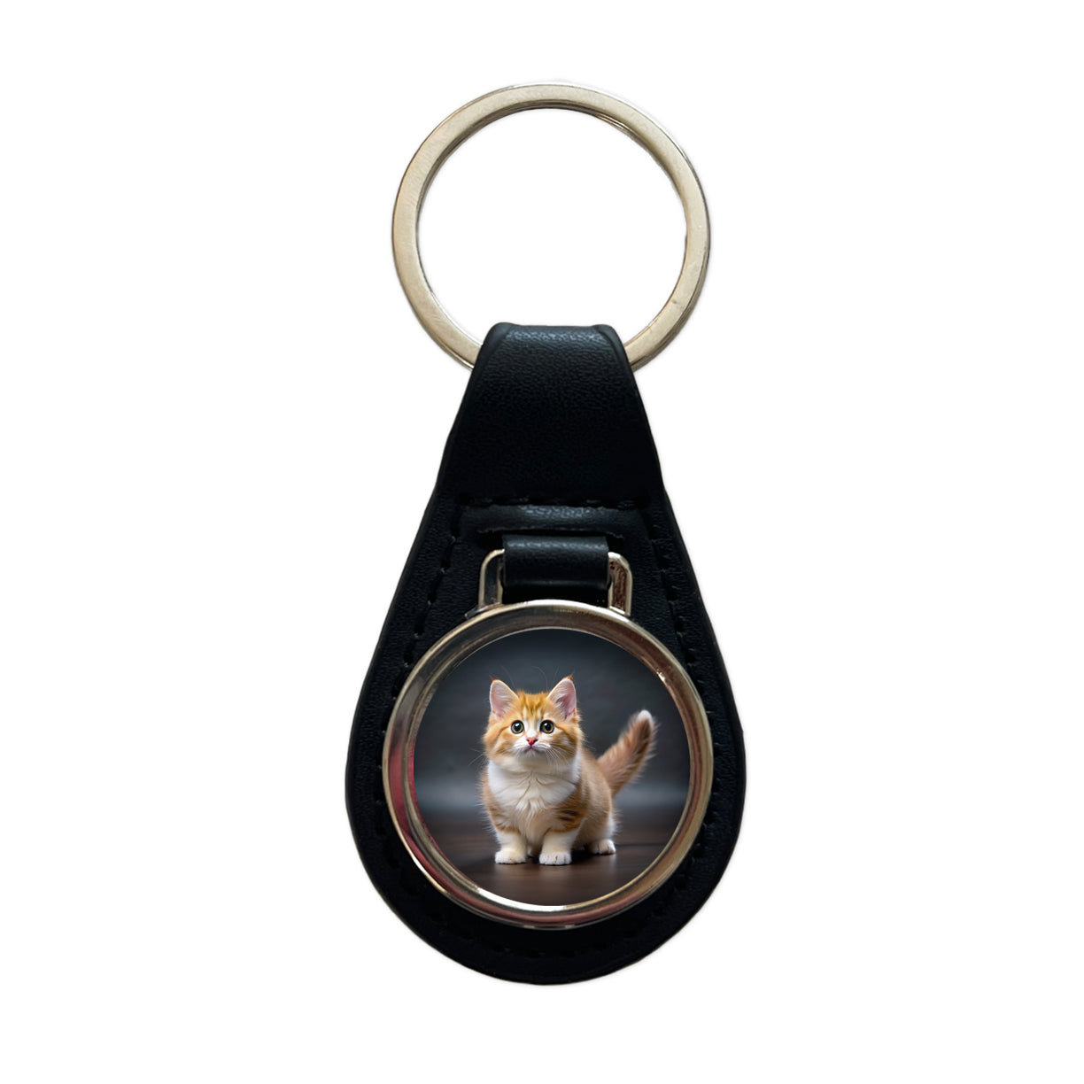 Munchkin Cat Photo Black Leather Metal Keychain