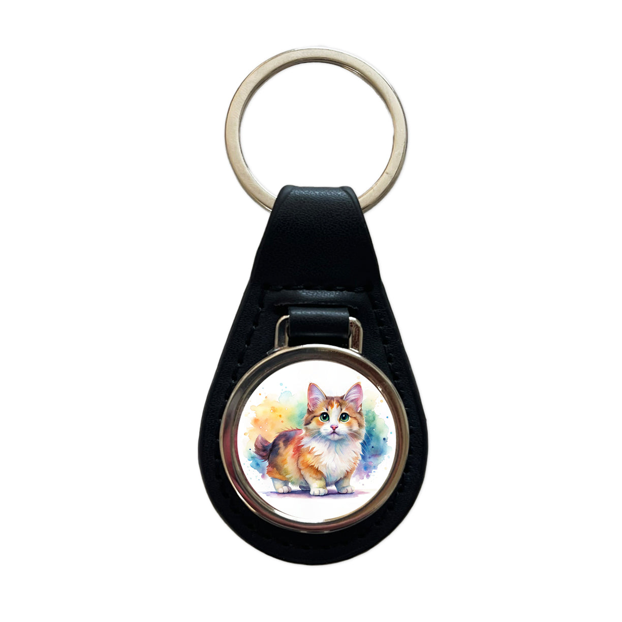 Munchkin Cat Watercolor Style Black Leather Metal Keychain