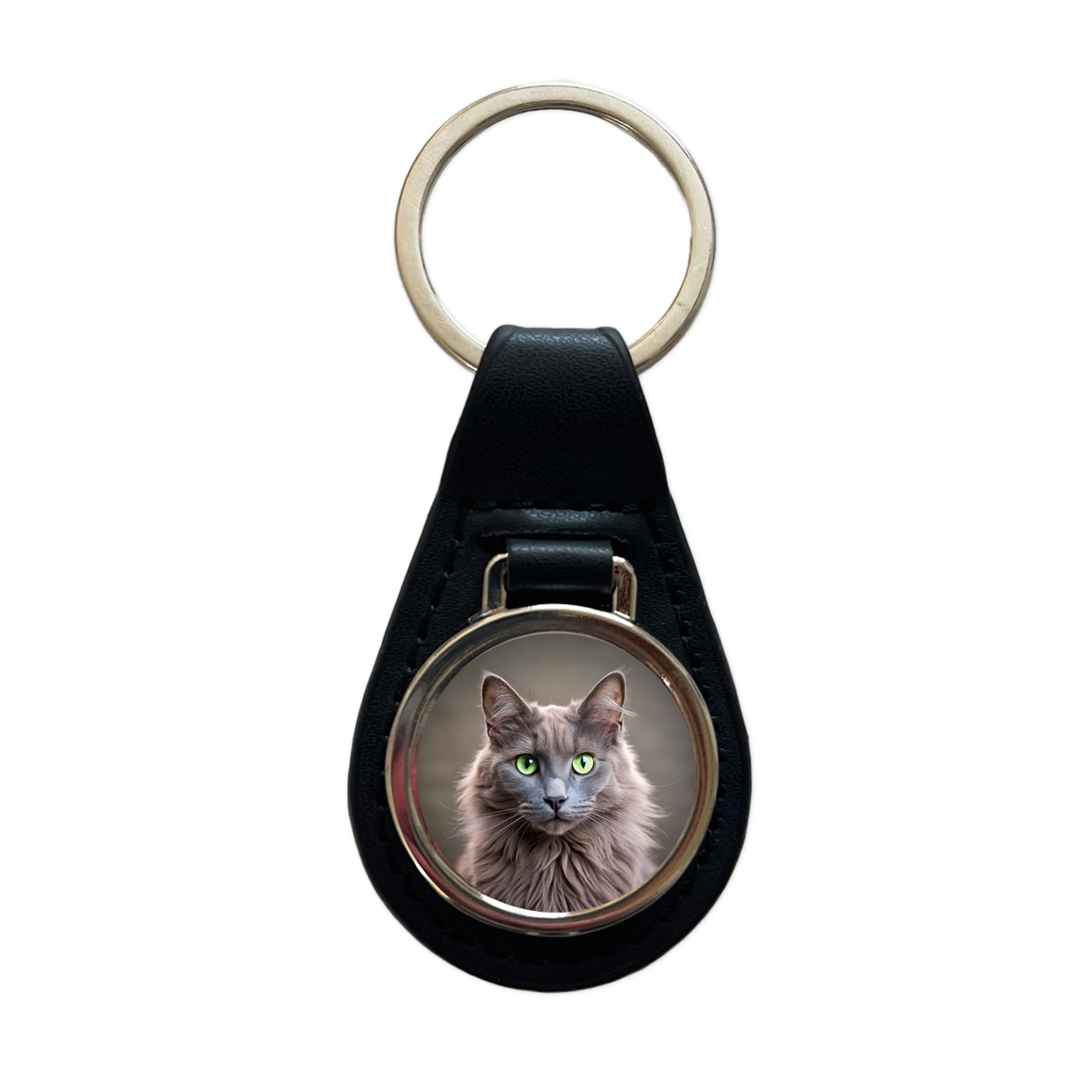Nebelung Cat Photo Black Leather Metal Keychain