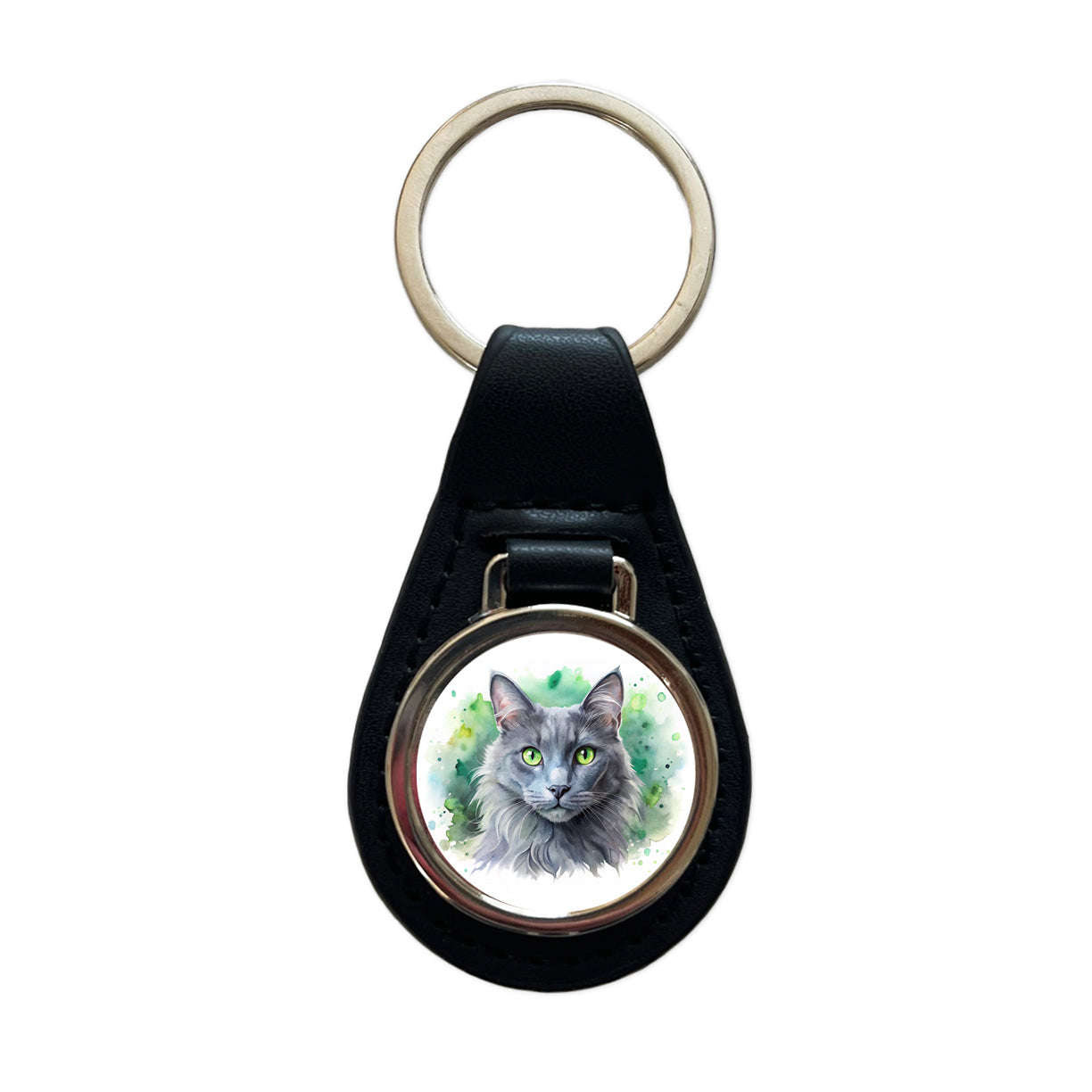 Nebelung Cat With Green Eyes Watercolor Style Black Leather Metal Keychain