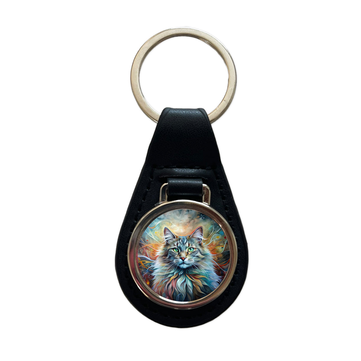 Norwegian Forest Cat Abstract Art Black Leather Metal Keychain