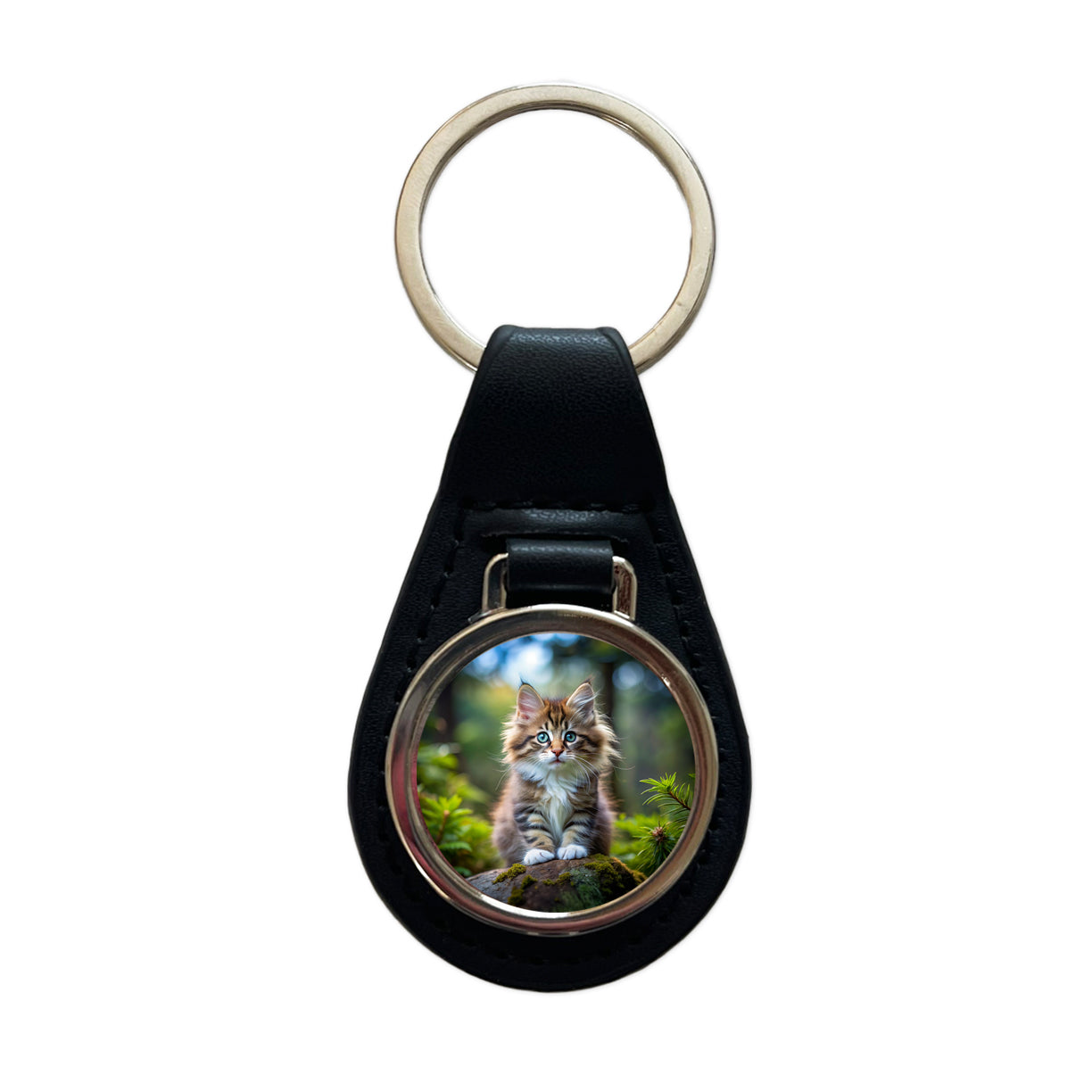 Norwegian Forest Cat Kitten Photo Black Leather Metal Keychain
