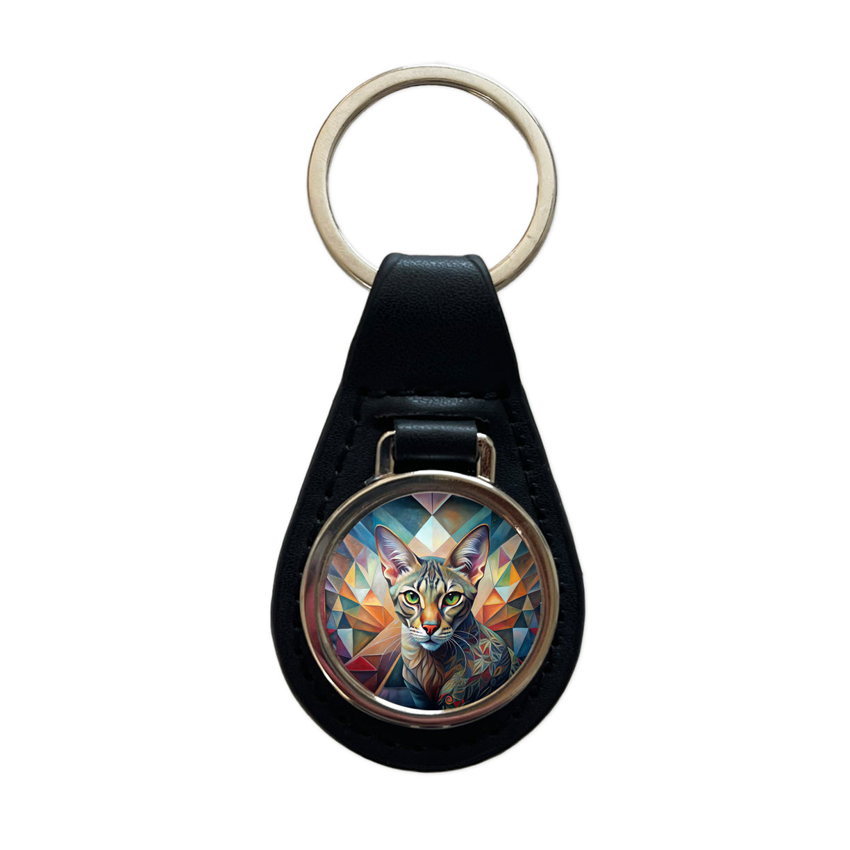 Ocicat Cat Abstract Art Black Leather Metal Keychain