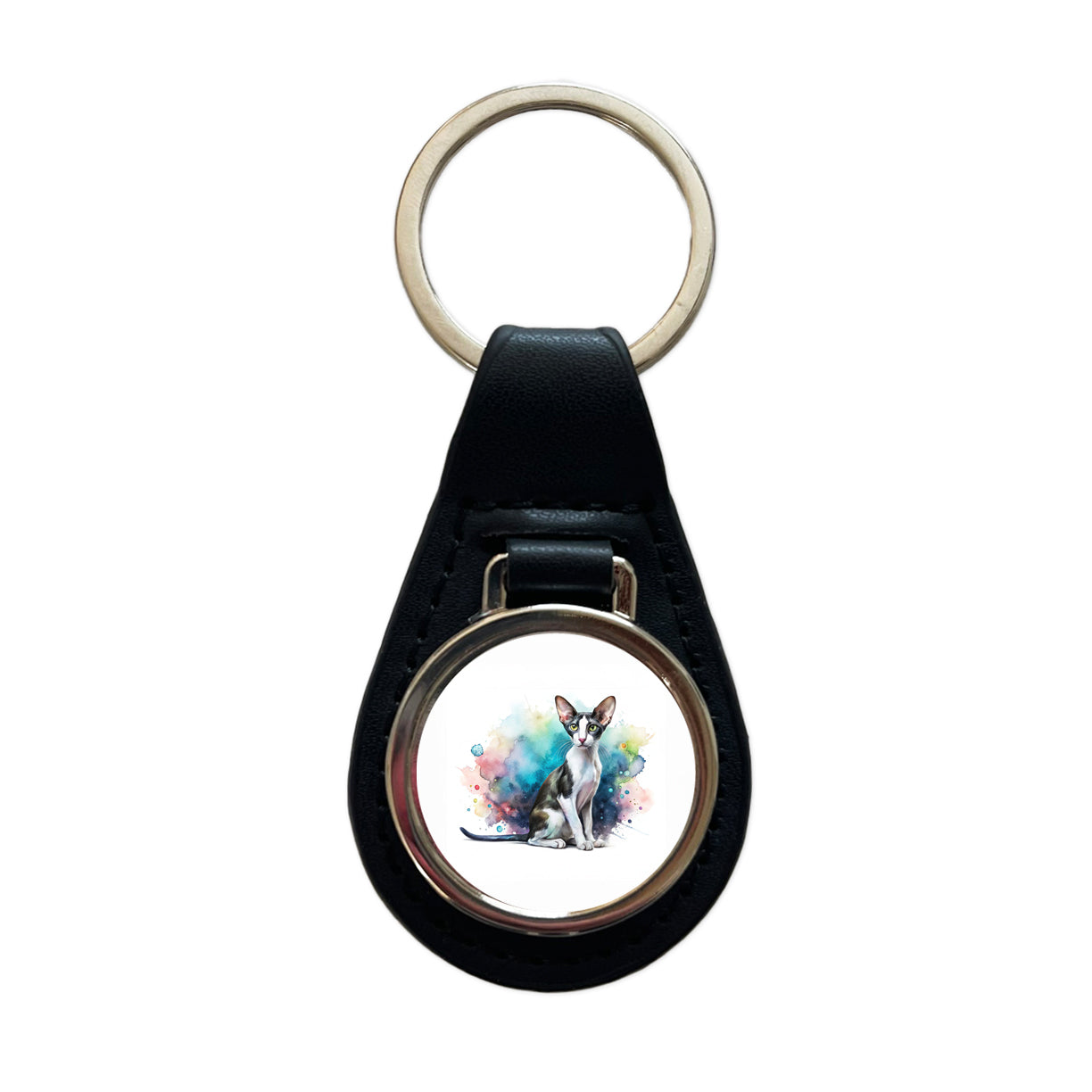 Oriental Shorthair Black White Cat Watercolor Black Leather Metal Keychain