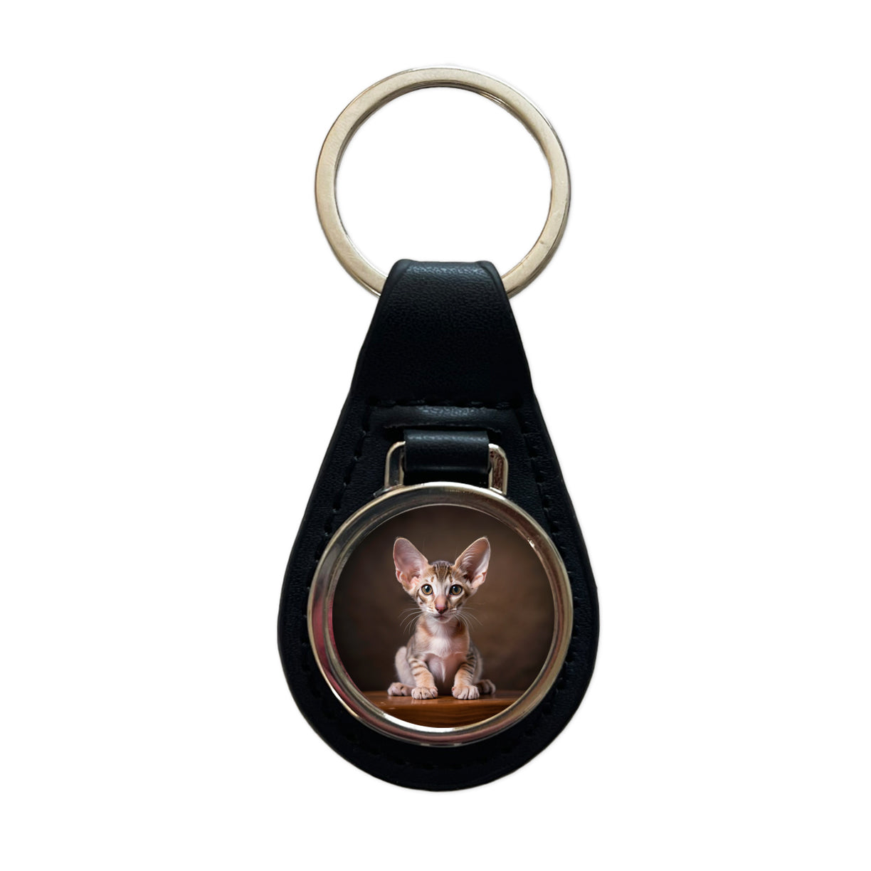 Oriental Shorthair Cat Kitten Photo Black Leather Metal Keychain