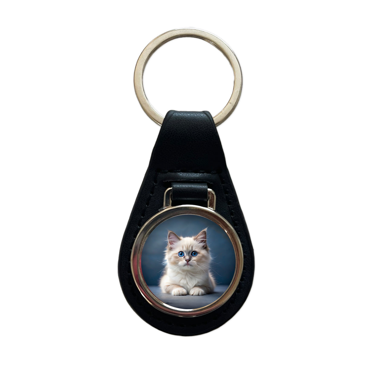 Ragdoll Cat Kitten Photo Black Leather Metal Keychain