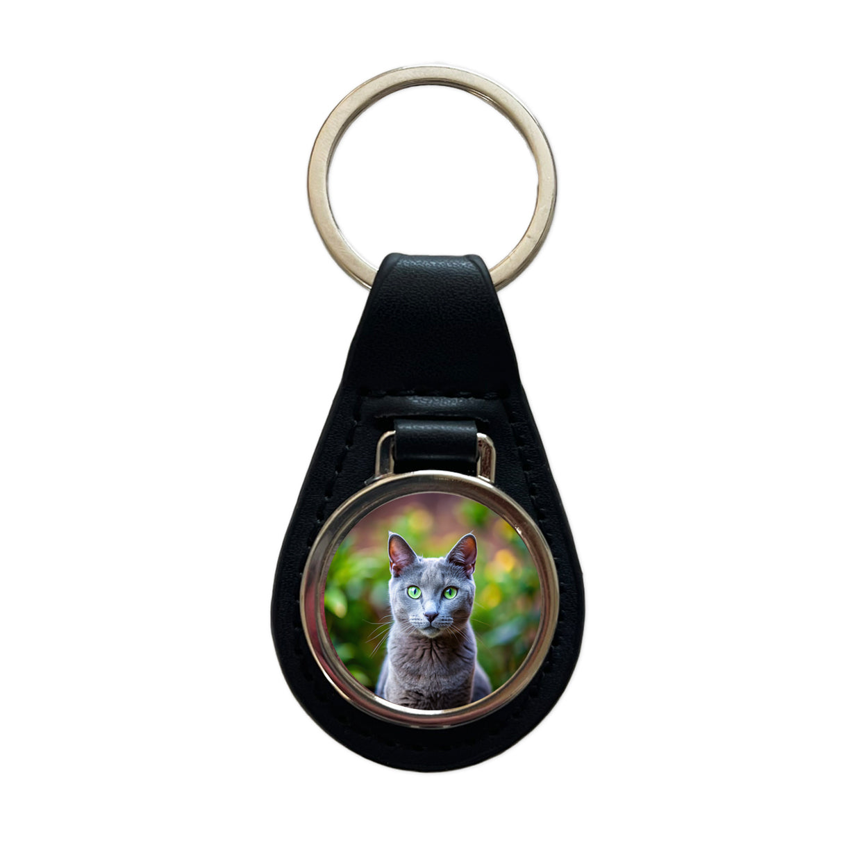 Russian Blue Cat Photo Black Leather Metal Keychain