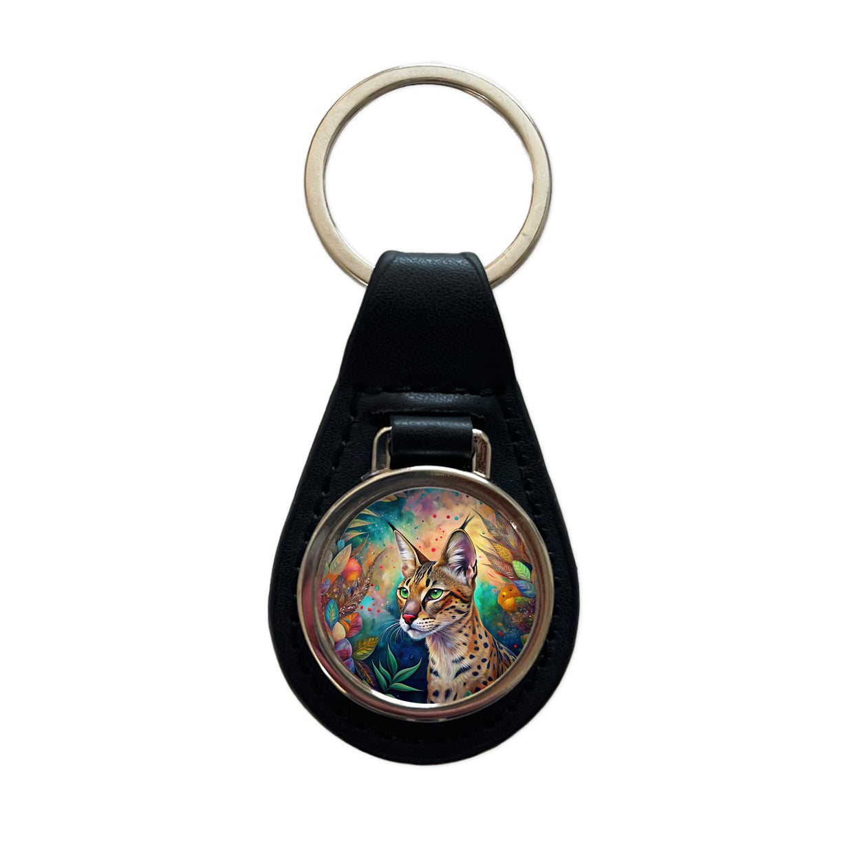 Savannah Cat Abstract Art Black Leather Metal Keychain