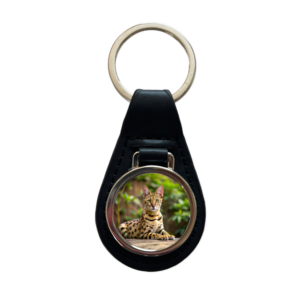 Savannah Cat Photo Black Leather Metal Keychain