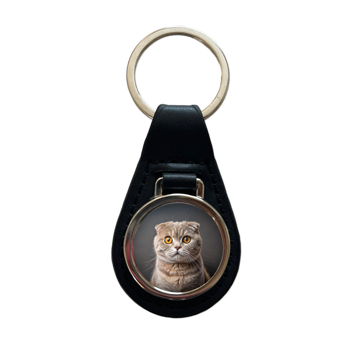 Scottish Fold Cat Photo Black Leather Metal Keychain