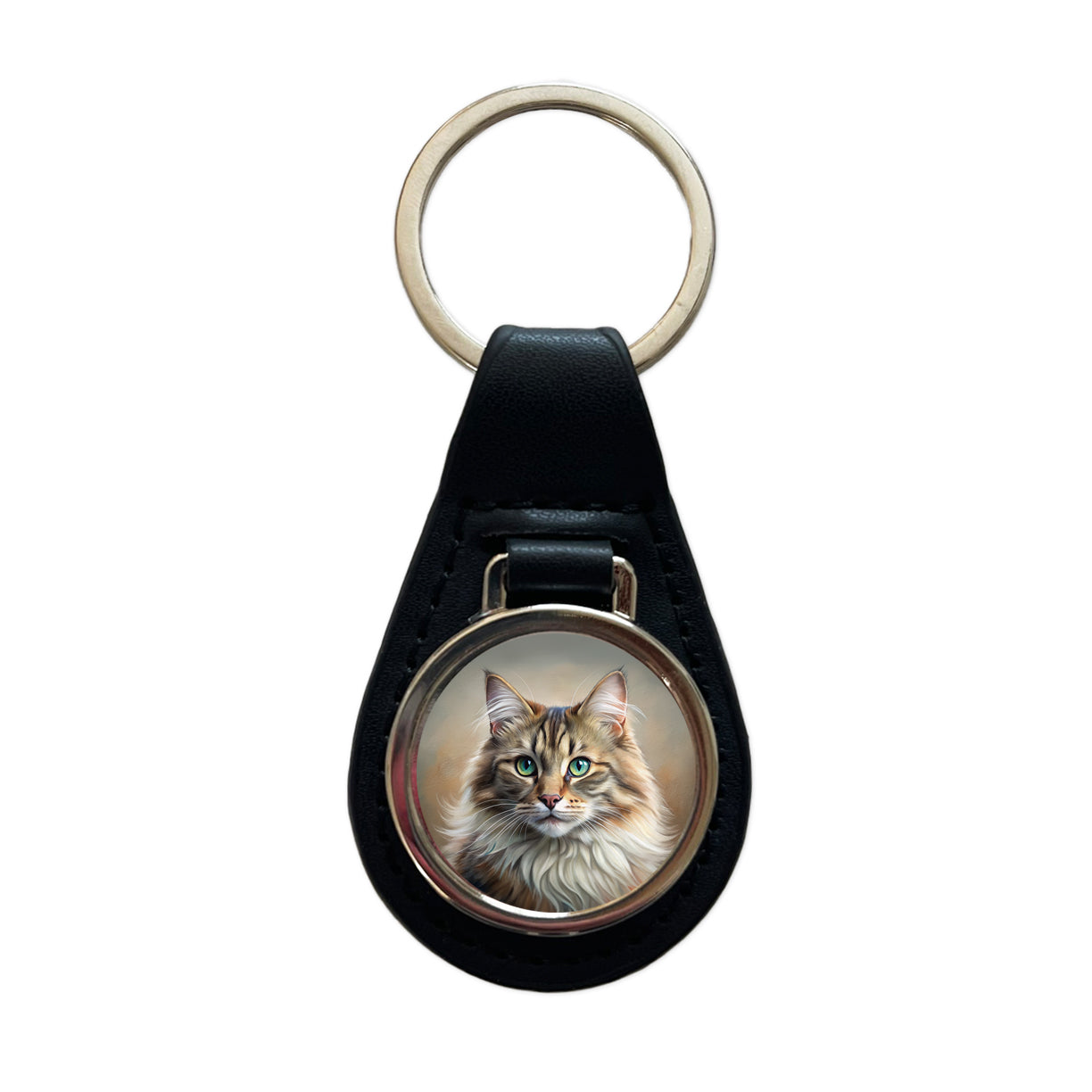Siberian Cat Illustration Black Leather Metal Keychain
