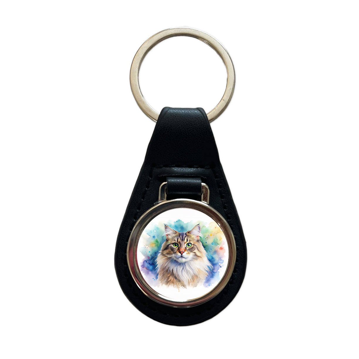 Siberian Cat Watercolor Style Black Leather Metal Keychain