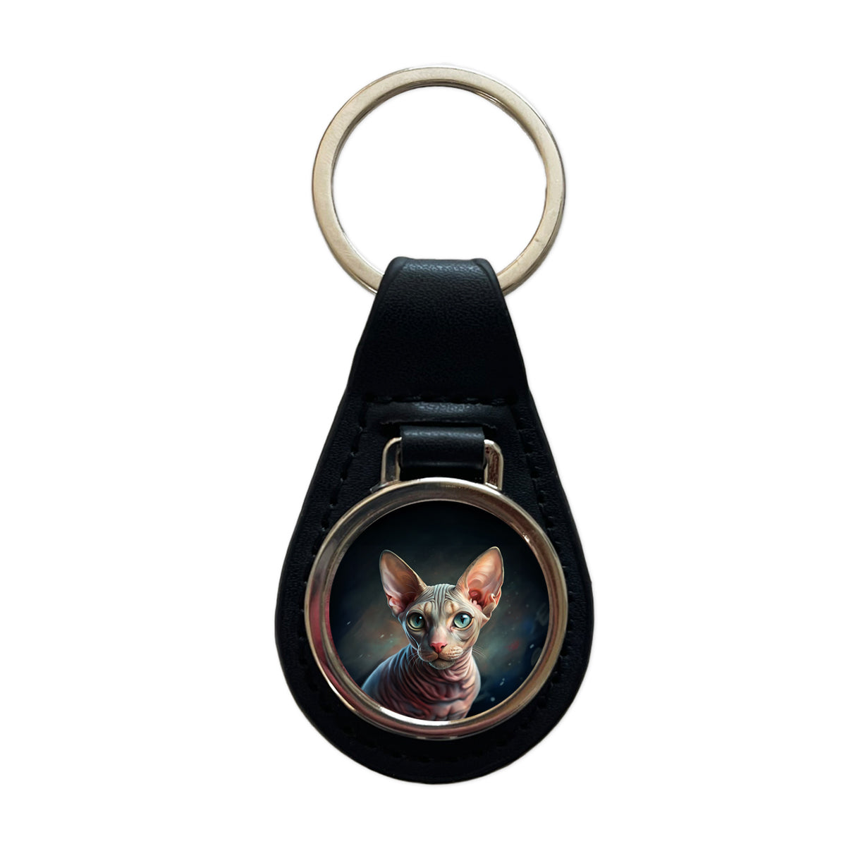 Sphynx Cat Illustration Black Leather Metal Keychain