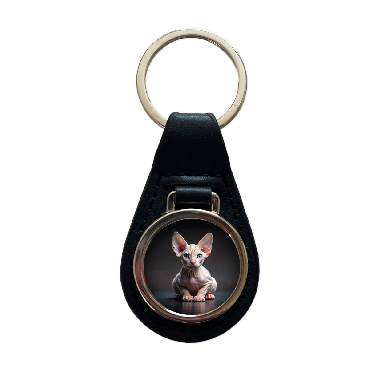 Sphynx Cat Kitten Photo Black Leather Metal Keychain