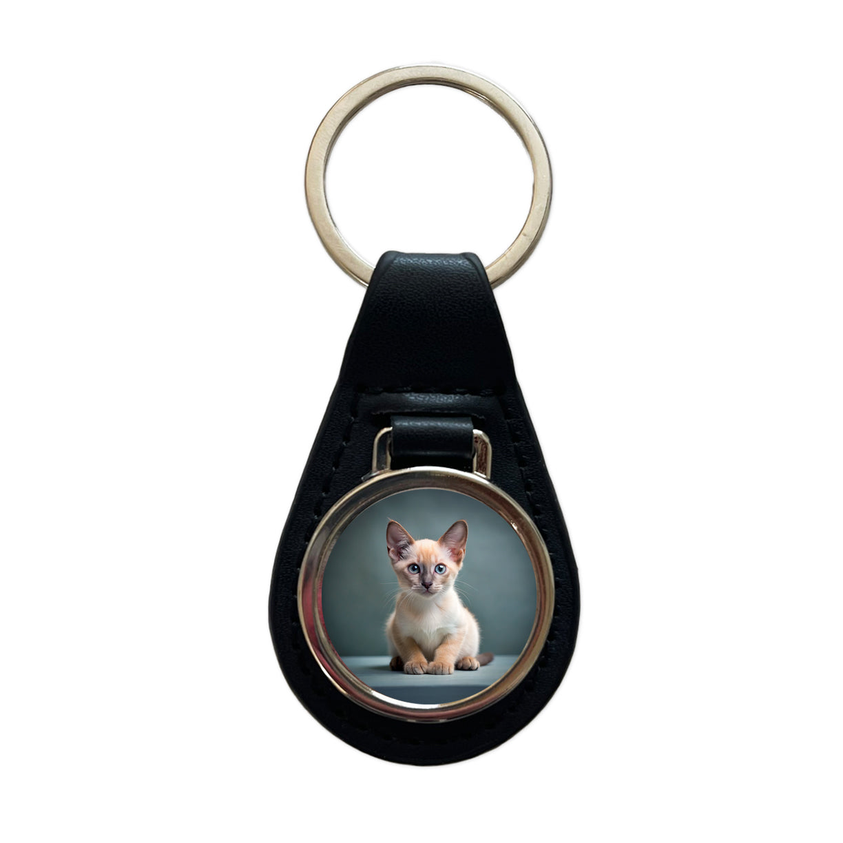 Tonkinese Cat Kitten Photo Black Leather Metal Keychain