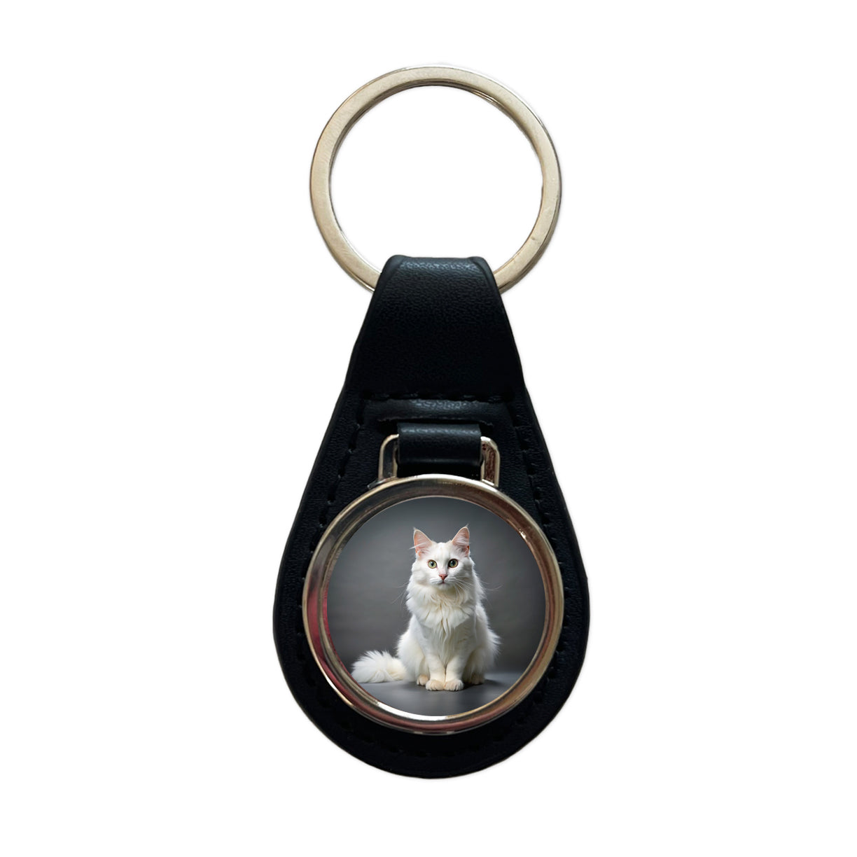 Turkish Angora Cat Photo Black Leather Metal Keychain