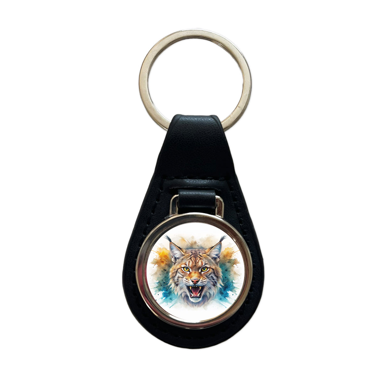 Angry Bobcat Watercolor Design Black Leather Metal Keychain