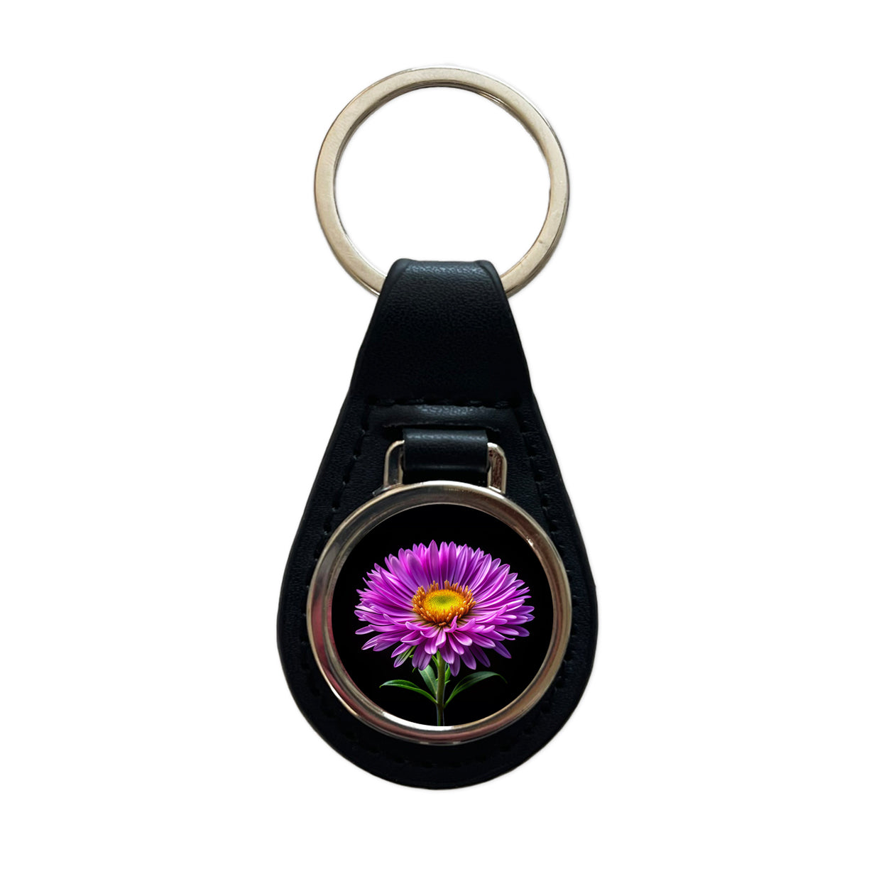 Aster Purple Flower Photo Black Leather Metal Keychain