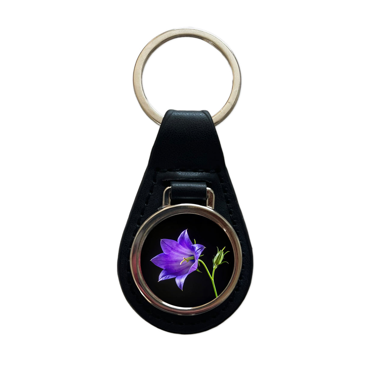 Bellflower Purple Flower Photo Black Leather Metal Keychain