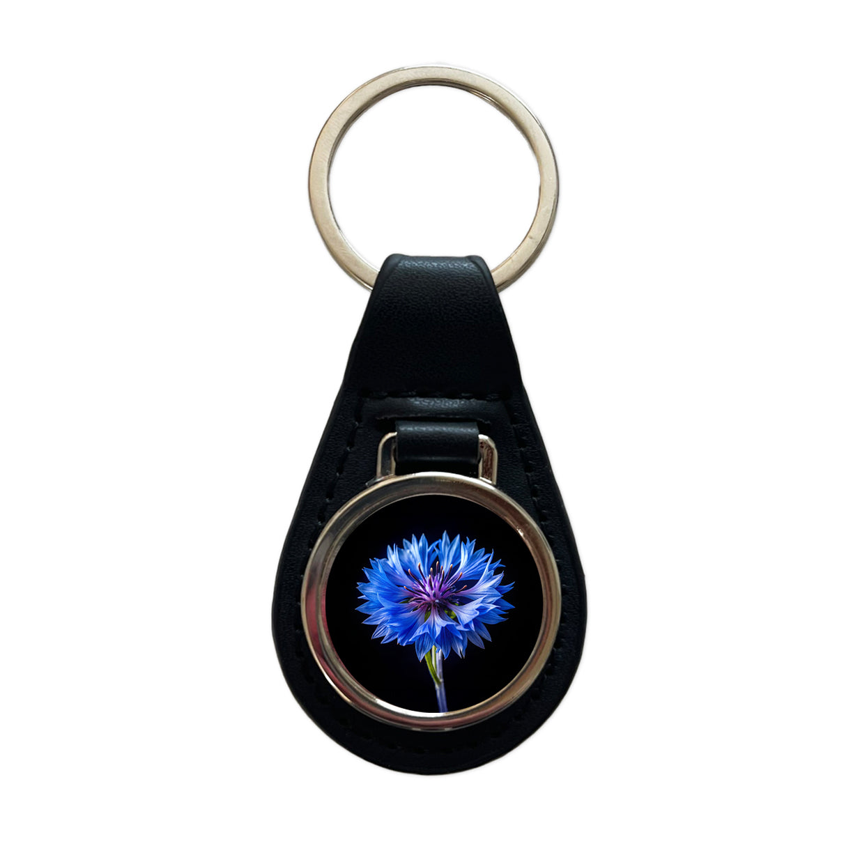 Blue Cornflower Photo Black Leather Metal Keychain