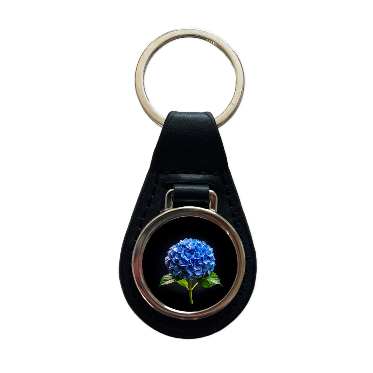 Blue Hydrangea Flower Photo Black Leather Metal Keychain
