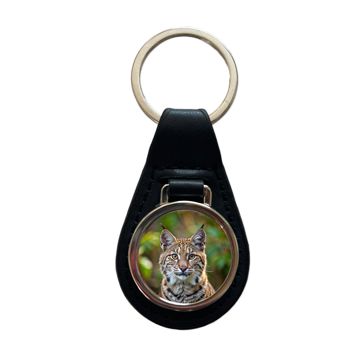 Bobcat Face Photo Black Leather Metal Keychain