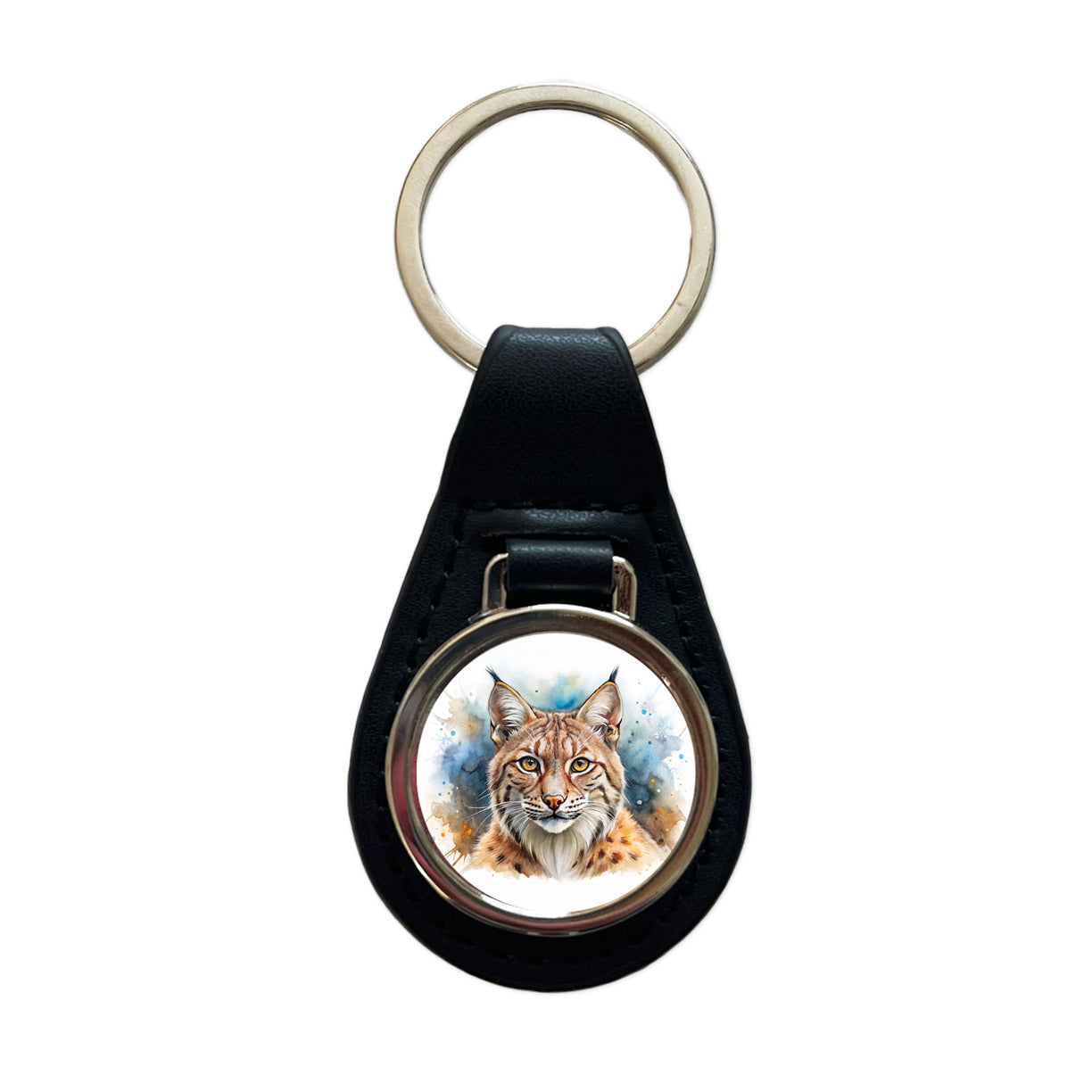 Bobcat Watercolor Design Black Leather Metal Keychain