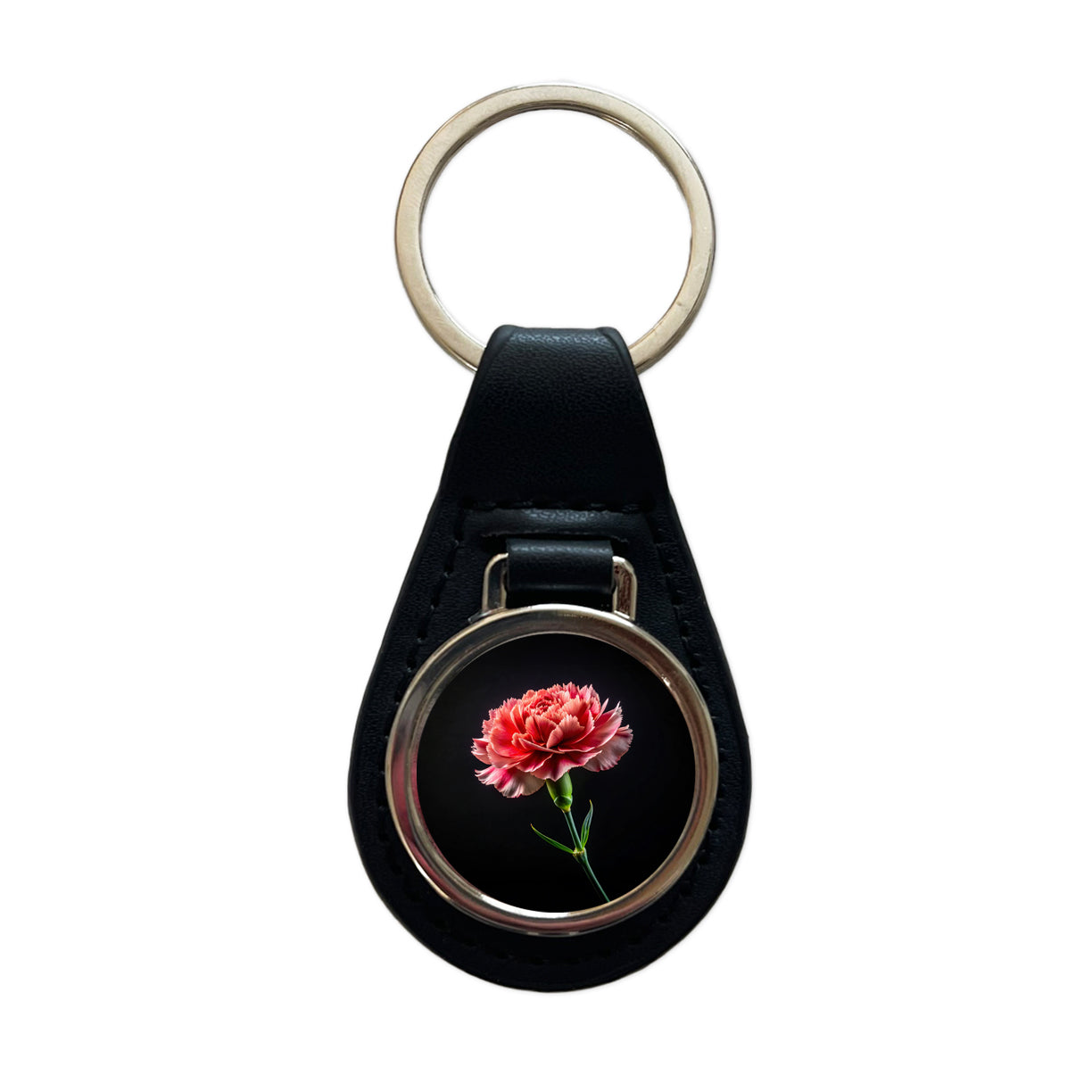 Carnation Flower Photo Black Leather Metal Keychain