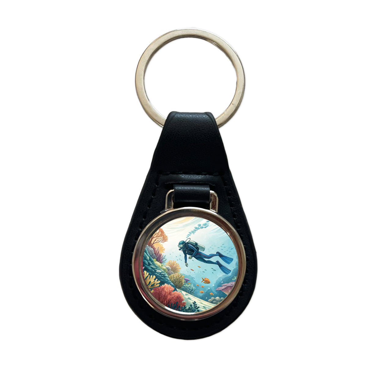 Diving Diver Exploring Underwater Black Leather Metal Keychain