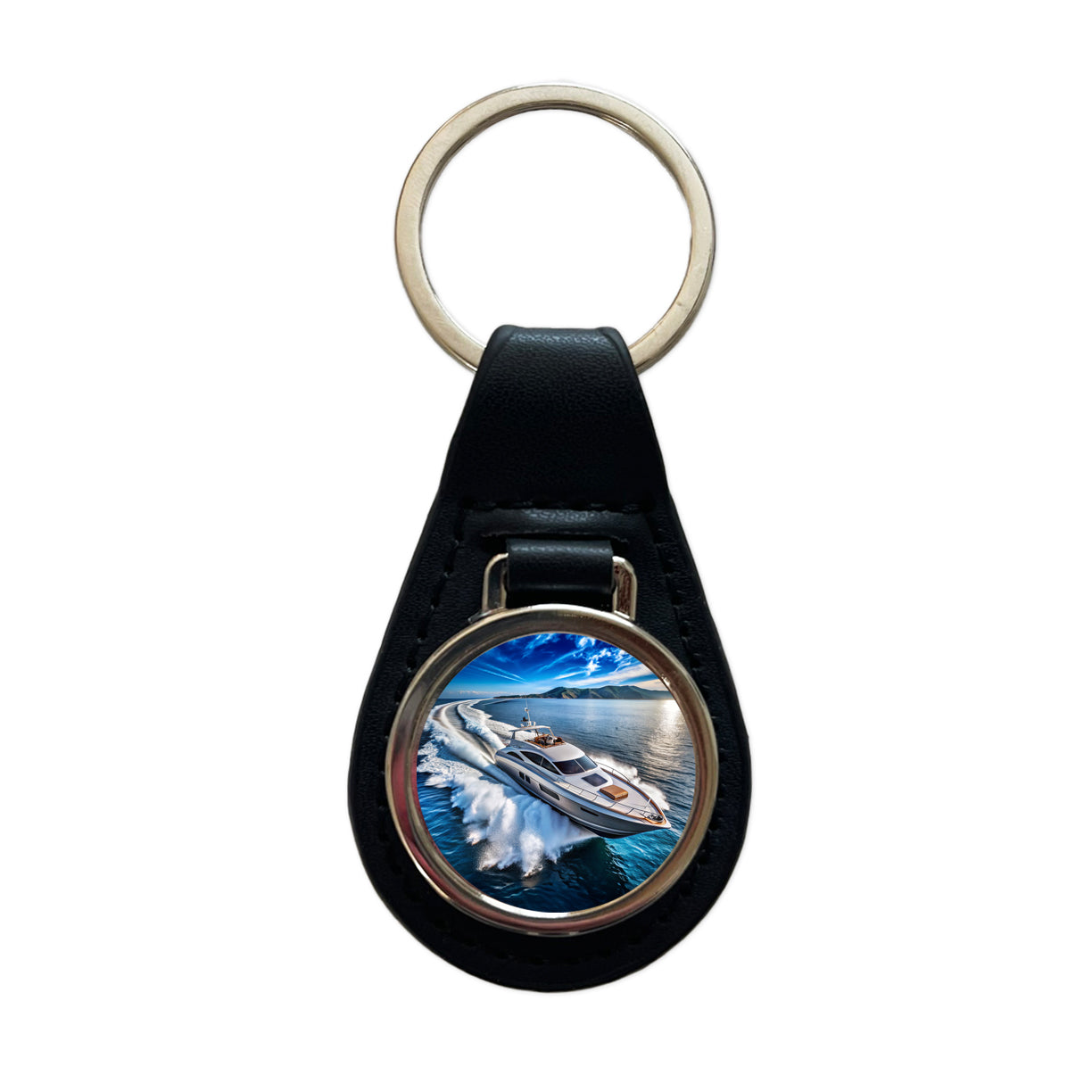 High-Performance Boat At Sea Black Leather Metal Keychain