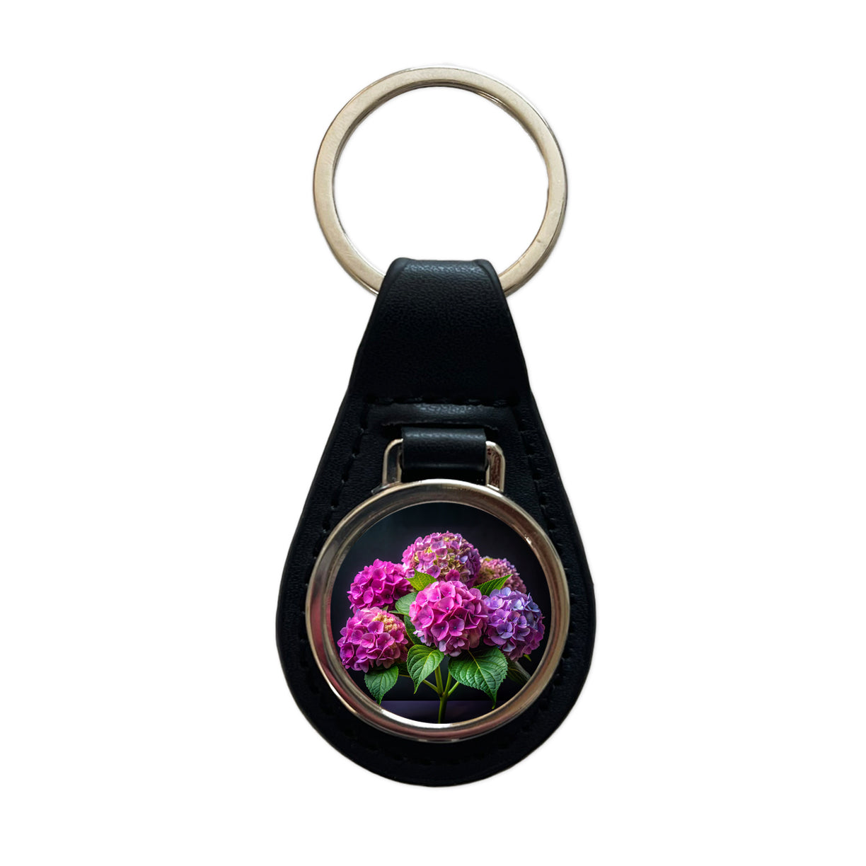Hydrangea Flowers Photo Black Leather Metal Keychain