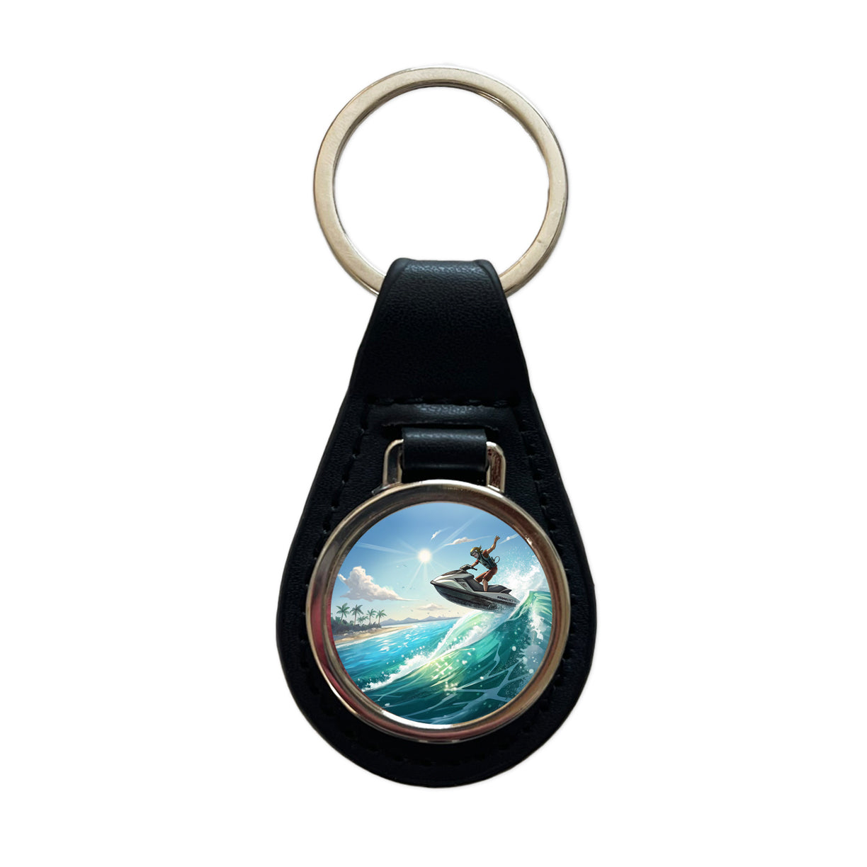 Jet Ski Skiing at Tropical Beach Black Leather Metal Keychain