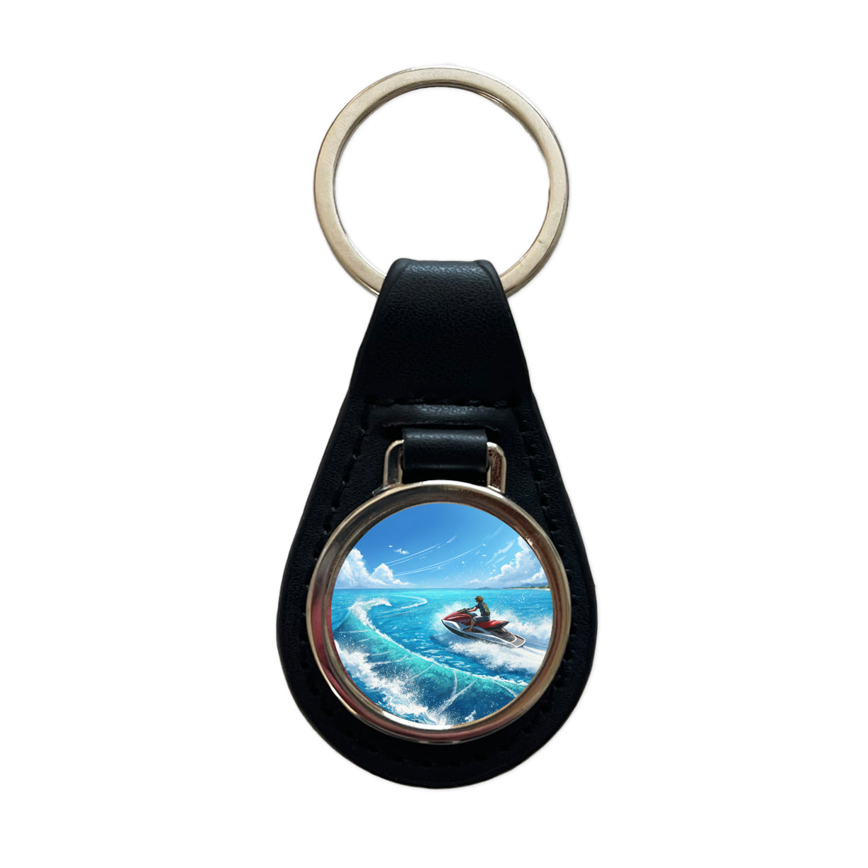 Jet Ski Skiing On Vacation Black Leather Metal Keychain