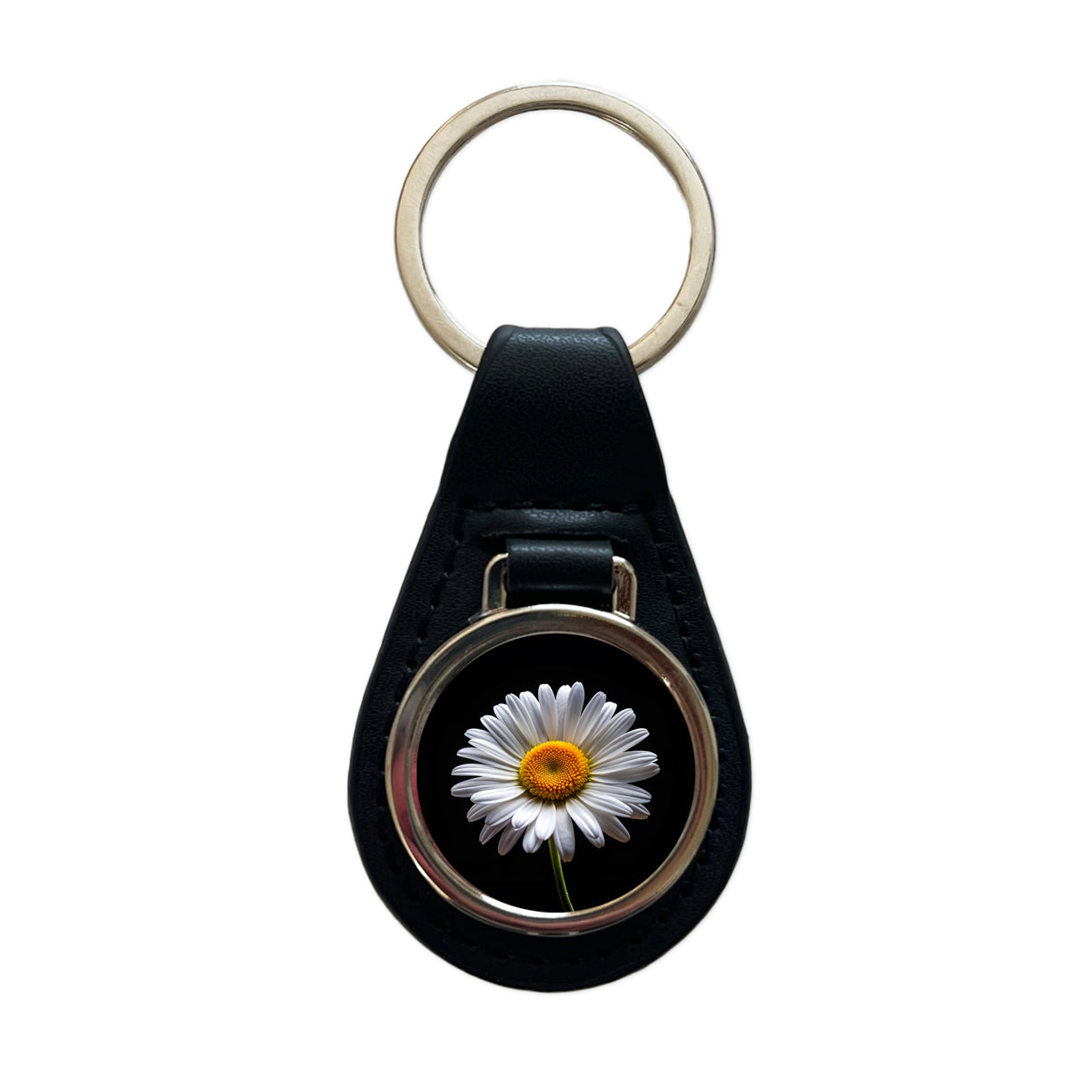 White Daisy Flower Photo Black Leather Metal Keychain