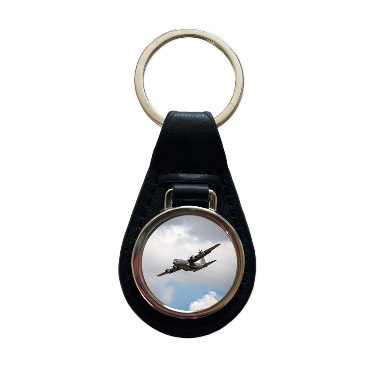 C-130 Hercules Military Transport Plane Black Leather Metal Keychain