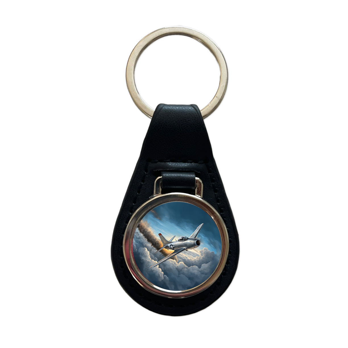 F-86 Sabre Jet Fighter Plane Black Leather Metal Keychain