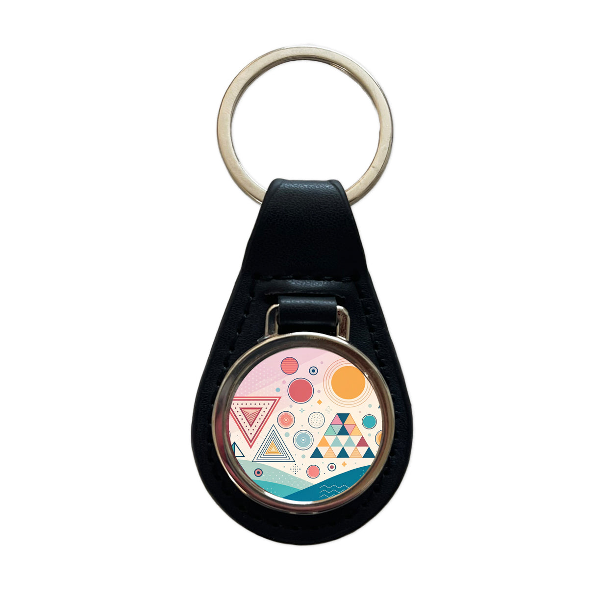 Abstract Geometric Shapes Retro Black Leather Metal Keychain