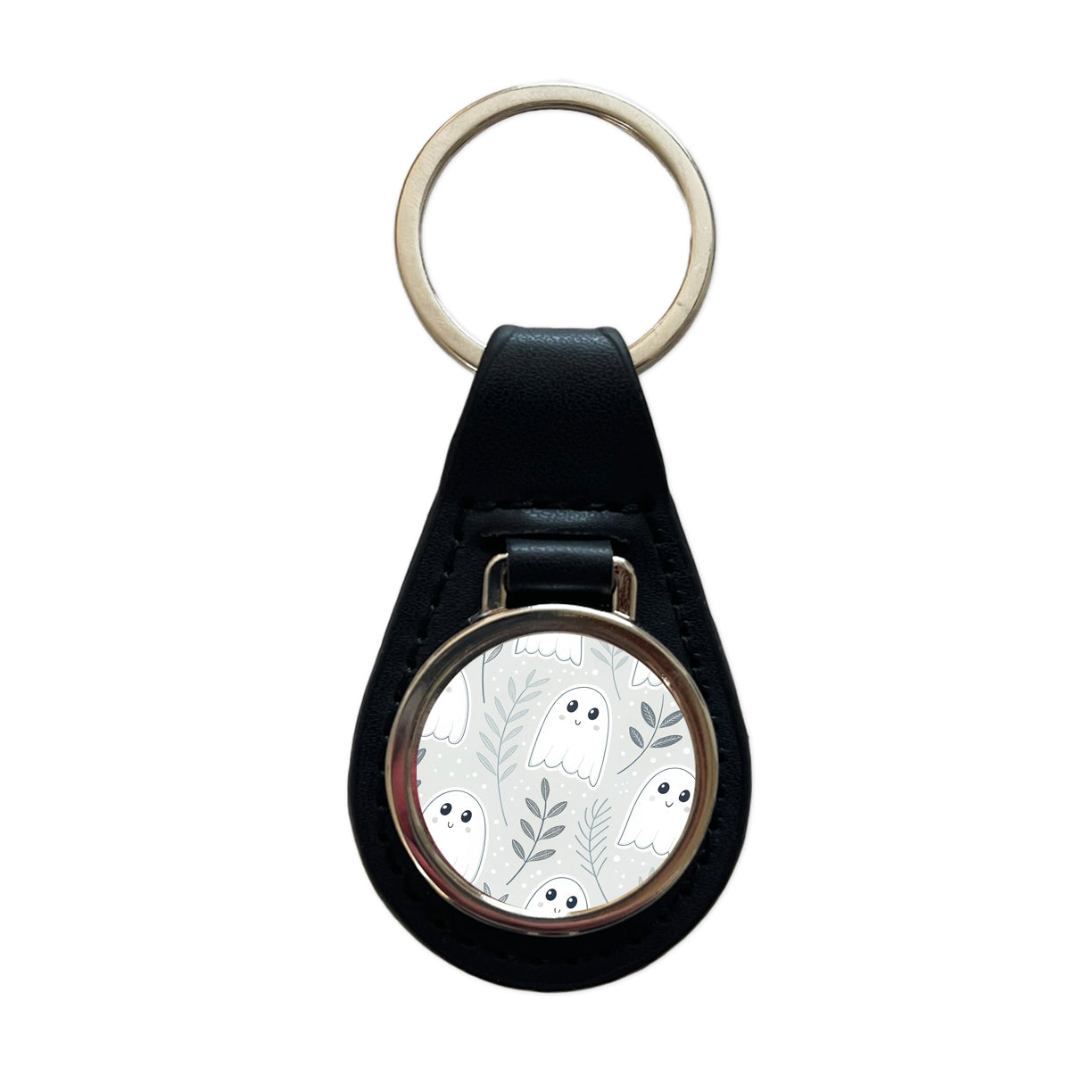Adorable Ghosts Halloween Black Leather Metal Keychain