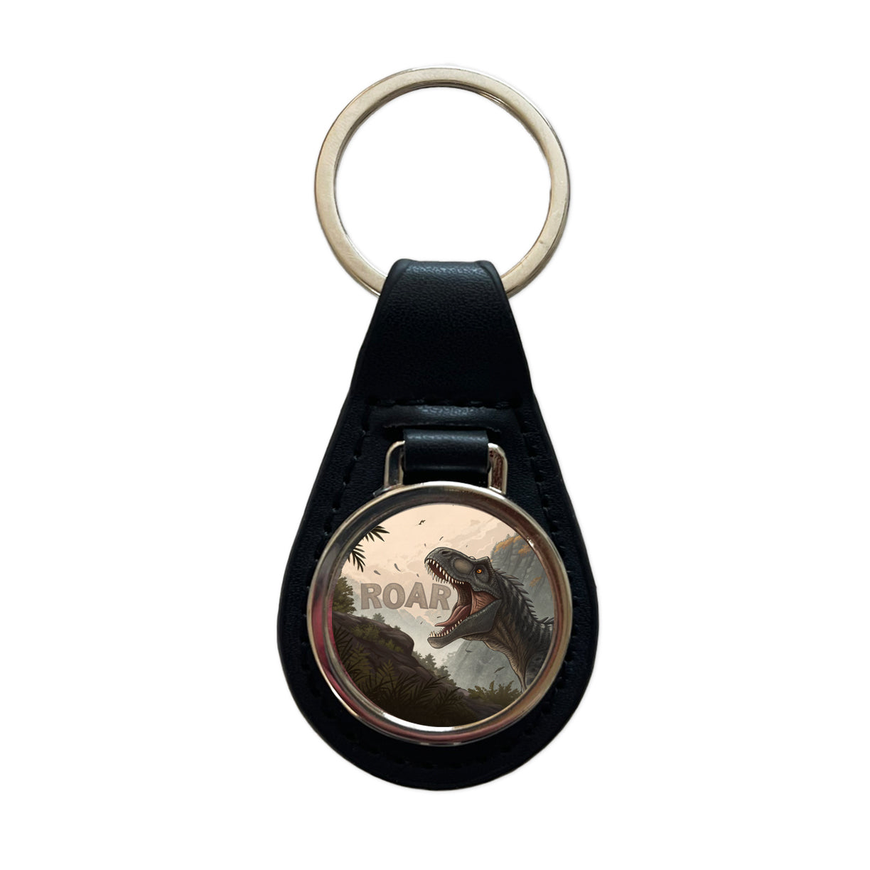 Allosaurus Roar Dinosaur Black Leather Metal Keychain