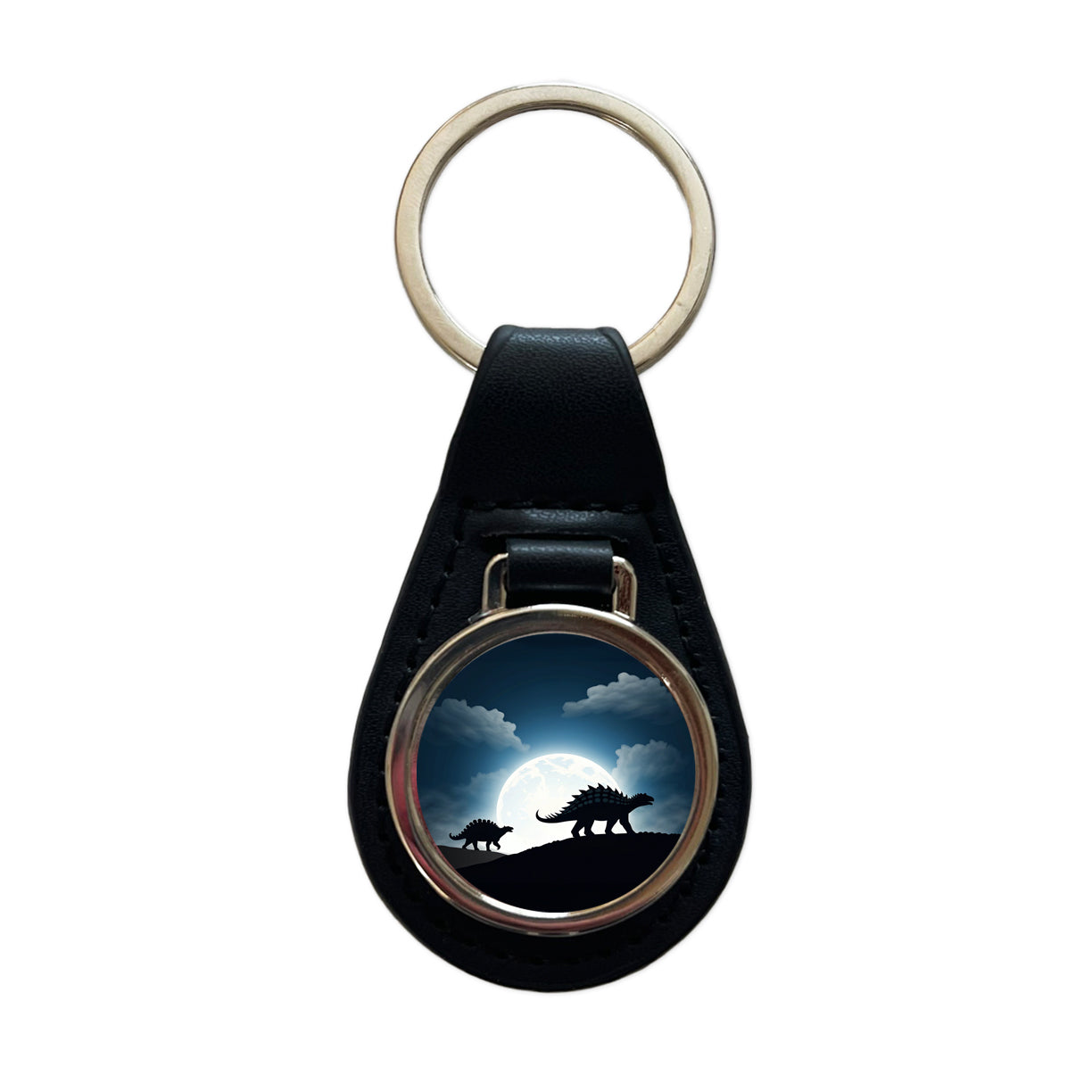 Ankylosaurus Silhouettes Dinosaurs Black Leather Metal Keychain